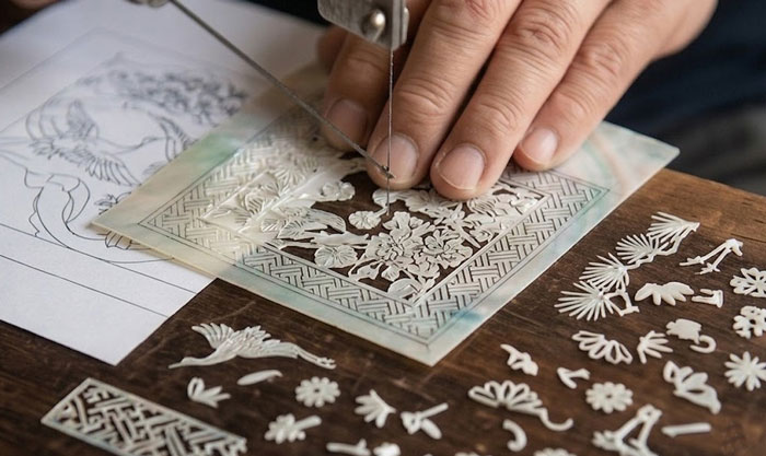 螺鈿細工の工程 模様の切り出し 韓国工房