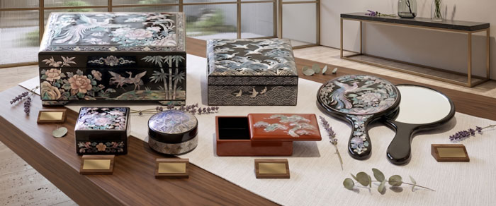 韓国螺鈿の宝石箱や手鏡などが並んだ上品な商品一覧イメージ