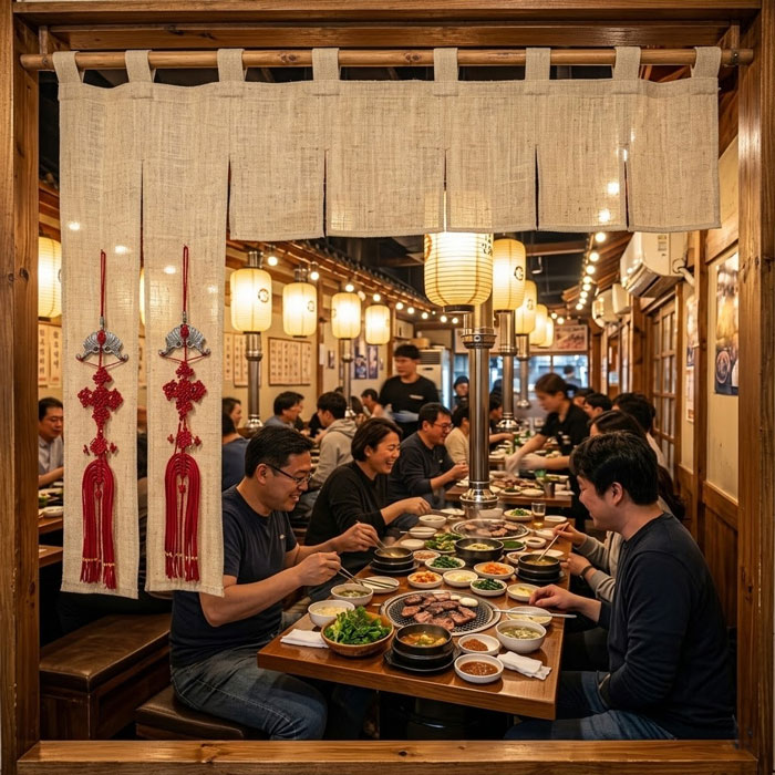 韓国生地や麻のれんを使った飲食店の空間演出例