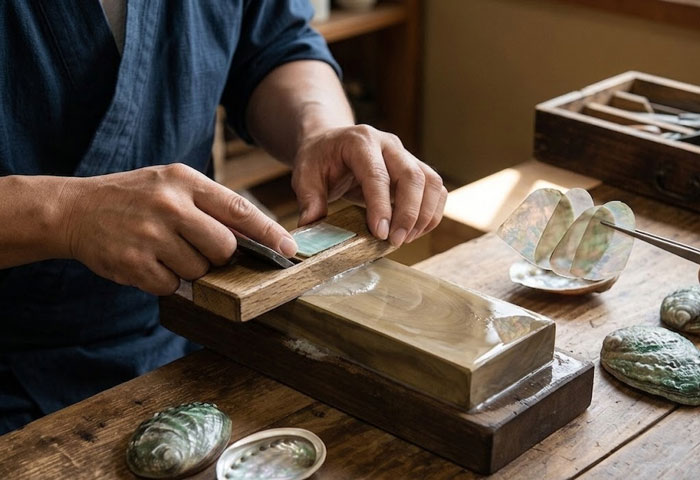 螺鈿細工の工程 貝の加工 削り出し 作業風景