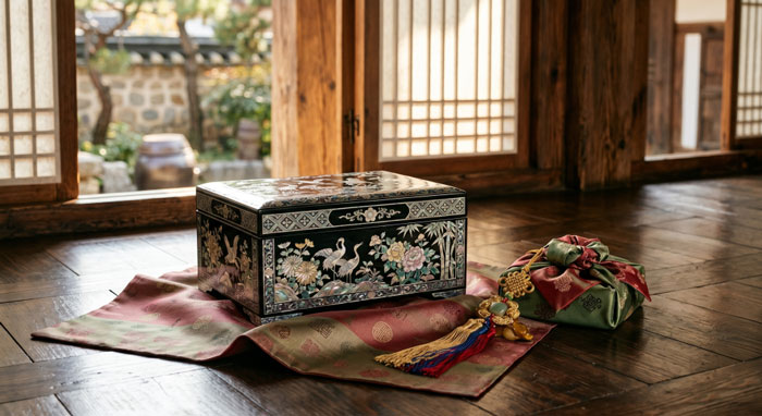 韓国螺鈿の宝石箱が上品に置かれた商品イメージ