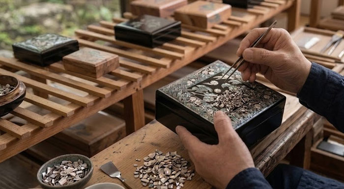 螺鈿細工の工程 配置 象嵌作業