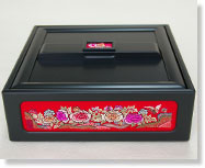 漆手刺繍ソーイングボックス、針箱-赤牡丹梅