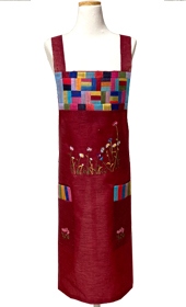 韓国キルトチヨガッポと刺繍の麻エプロン(フリーサイズ) エンジ