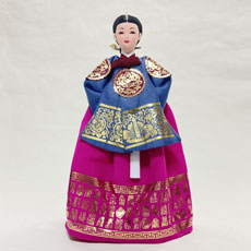 韓国人形・王妃 ブルーグレー×ピンク 韓国伝統衣装の本格韓国人形