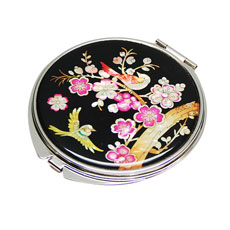 天然貝 コンパクトミラー（梅と鶯）シェル・螺鈿 韓国 ミラー 鏡 コンパクトプレゼント・ギフトにおすすめ