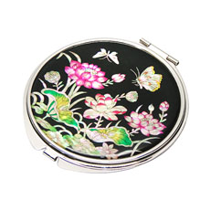 天然貝 コンパクトミラー（蓮黒）シェル・螺鈿 韓国 ミラー 鏡 コンパクトプレゼント・ギフトにおすすめ
