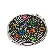 天然貝 コンパクトミラー（ハングル黒2）シェル・螺鈿 韓国 ミラー 鏡 コンパクトプレゼント・ギフトにおすすめ