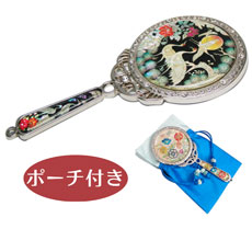天然貝 コンパクト手鏡ミラー（鶴）シェル・螺鈿 韓国 ミラー 鏡 ポーチ付きプレゼント・ギフトにおすすめ