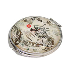 天然貝 コンパクトミラー（龍と赤玉白）シェル・螺鈿 韓国 ミラー 鏡 コンパクトプレゼント・ギフトにおすすめ
