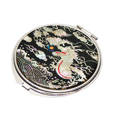 天然貝 コンパクトミラー（龍と赤玉黒）シェル・螺鈿 韓国 ミラー 鏡 コンパクトプレゼント・ギフトにおすすめ