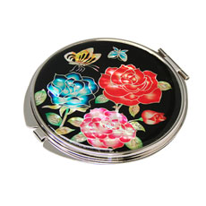 天然貝 コンパクトミラー（バラ黒）シェル・螺鈿 韓国 ミラー 鏡 コンパクトプレゼント・ギフトにおすすめ
