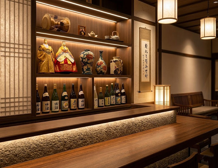 受付空間に韓国螺鈿と韓服人形を飾った空間演出例