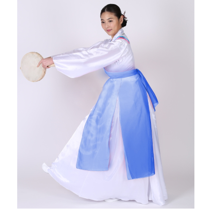 韓国ソゴチュム・太鼓の舞台衣装韓服4点フルセット・ブルー 舞踊衣装
