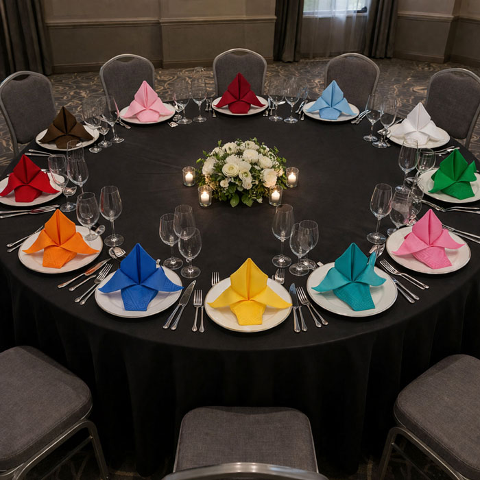 宴会テーブルに並べたカラフルな折りナプキンの演出例