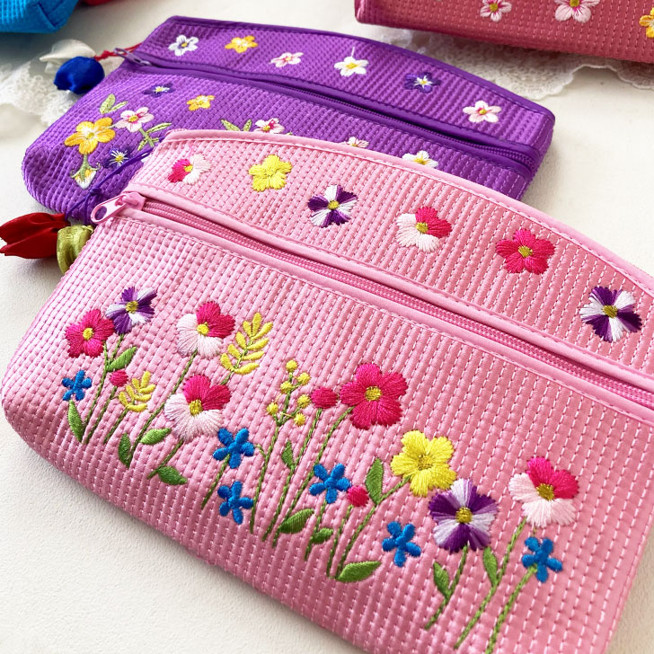 韓国雑貨 韓国ヌビ 刺繍ポーチ 刺繍 前面ファスナーポケット付き 小物